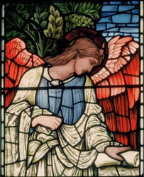 Birmingham, Acocks Green, St Mary The Virgin, Morris & Co., Edward Burne-Jones, John Henry Dearle (1859-1932), Engel met rol, detail, 1895